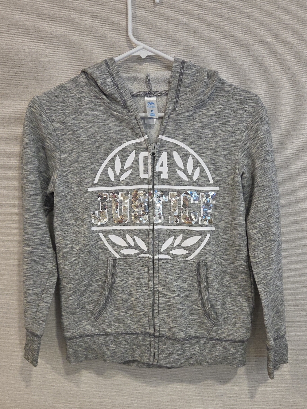 Justice Gray Heather Sequin Logo Zip Hoodie